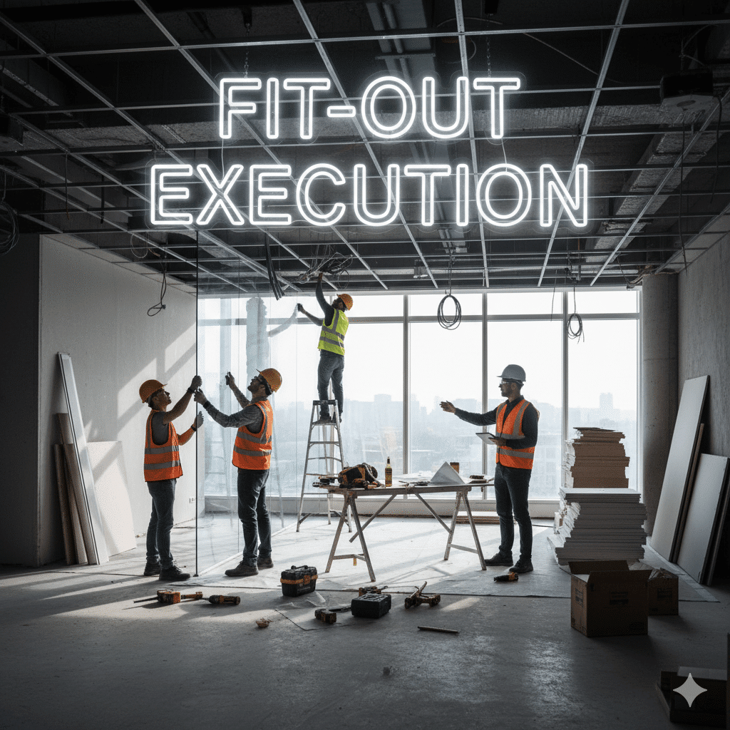 Workers on a construction site for a building fit-out.