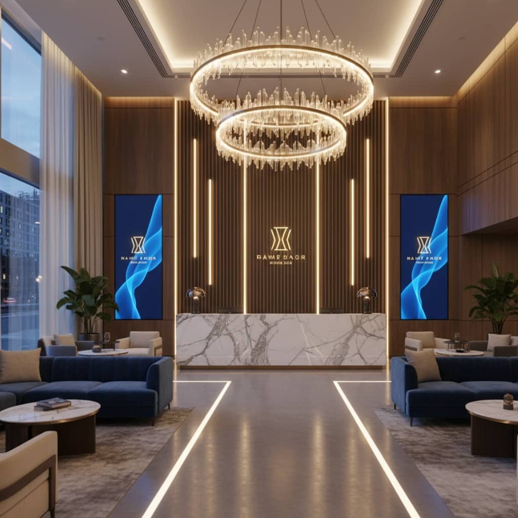 Luxury hotel lobby with stylish seating